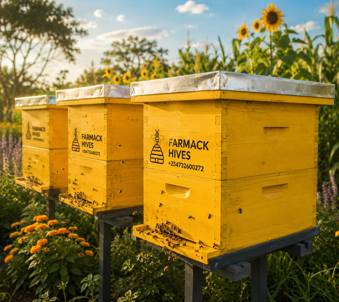 Beehives in a green field