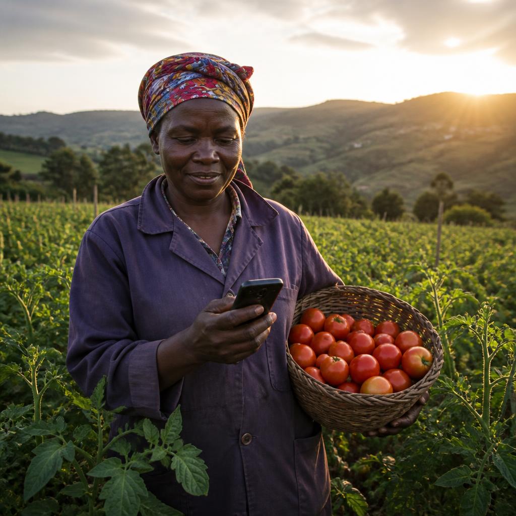 Kenyan smallholder farmer inspecting healthy crops while checking market prices on a smartphone